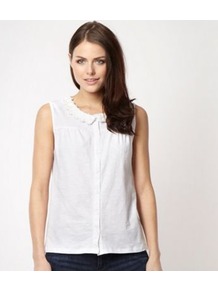 Designer White Daisy Neck Top - neckline: shirt collar/peter pan/zip with opening; pattern: plain; sleeve style: sleeveless; style: blouse; predominant colour: white; occasions: casual, work; length: standard; fibres: cotton - 100%; fit: body skimming; sleeve length: sleeveless; texture group: cotton feel fabrics; pattern type: fabric; embellishment: applique