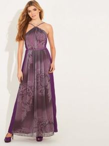Grey Printed And Purple Chiffon Maida Vale Maxi Dress - sleeve style: sleeveless; style: maxi dress; neckline: halter neck; back detail: low cut/open back; waist detail: belted waist/tie at waist/drawstring; predominant colour: purple; occasions: evening, occasion; length: floor length; fit: fitted at waist & bust; fibres: polyester/polyamide - stretch; hip detail: sculpting darts/pleats/seams at hip; sleeve length: sleeveless; texture group: sheer fabrics/chiffon/organza etc.; trends: statement prints; pattern type: fabric; pattern size: big & light; pattern: florals