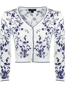 Women's Dorset Cardigan, Blue - neckline: v-neck; style: bolero/shrug; length: cropped; predominant colour: white; secondary colour: navy; occasions: evening, work, occasion; fibres: cotton - 100%; fit: slim fit; sleeve length: 3/4 length; sleeve style: standard; texture group: knits/crochet; pattern type: knitted - fine stitch; pattern size: small & light; pattern: florals