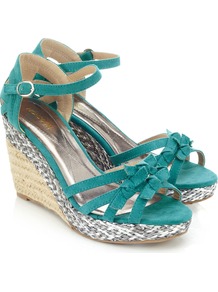 Panama Wedge - predominant colour: teal; secondary colour: silver; occasions: casual, occasion, holiday; material: fabric; heel height: high; ankle detail: ankle strap; heel: wedge; toe: open toe/peeptoe; style: strappy; finish: plain; pattern: colourblock; embellishment: bow