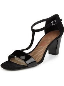 Footglove™ Fashion Suede High Heel T Bar Sandals - predominant colour: black; occasions: evening, occasion; material: leather; heel height: mid; ankle detail: ankle strap; heel: block; toe: open toe/peeptoe; style: standard; finish: patent; pattern: plain