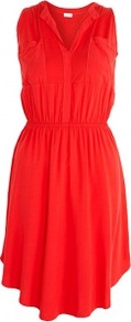 Sleeveless Pocket Shift Dress - length: mid thigh; neckline: v-neck; fit: fitted at waist; pattern: plain; sleeve style: sleeveless; style: blouson; waist detail: fitted waist; bust detail: pocket detail at bust; predominant colour: true red; occasions: casual, evening; fibres: viscose/rayon - stretch; sleeve length: sleeveless; pattern type: fabric; texture group: jersey - stretchy/drapey