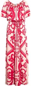 Long Puccinella Tie Waist Dress - sleeve style: dolman/batwing; fit: fitted at waist; style: maxi dress; waist detail: belted waist/tie at waist/drawstring; predominant colour: true red; secondary colour: stone; occasions: casual, evening, occasion, holiday; length: floor length; neckline: scoop; fibres: cotton - stretch; sleeve length: short sleeve; trends: statement prints; pattern type: fabric; pattern size: big & busy; pattern: patterned/print; texture group: other - light to midweight