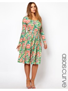 Curve Midi Dress In Pixulated Floral - length: below the knee; waist detail: belted waist/tie at waist/drawstring; secondary colour: pink; occasions: casual, evening, occasion; fit: fitted at waist & bust; style: fit & flare; neckline: scoop; fibres: polyester/polyamide - stretch; predominant colour: multicoloured; sleeve length: long sleeve; sleeve style: standard; trends: high impact florals; pattern type: fabric; pattern size: big & busy; pattern: florals; texture group: jersey - stretchy/drapey