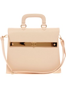 Top Handle Bag With Bar Lock Fitting - predominant colour: nude; occasions: casual, work; type of pattern: standard; style: structured bag; length: handle; size: standard; material: faux leather; pattern: plain; finish: plain; embellishment: chain/metal