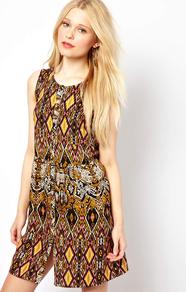 Sleeveless Tribal Print Smock Dress - style: smock; length: mid thigh; neckline: round neck; sleeve style: sleeveless; waist detail: twist front waist detail/nipped in at waist on one side/soft pleats/draping/ruching/gathering waist detail; occasions: casual, holiday; fit: soft a-line; fibres: viscose/rayon - 100%; predominant colour: multicoloured; sleeve length: sleeveless; trends: statement prints; pattern type: fabric; pattern size: standard; pattern: patterned/print; texture group: woven light midweight