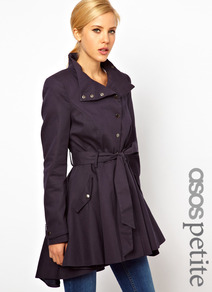 Petite Popper Front Skater Mac - pattern: plain; style: mac; collar: high neck; fit: slim fit; length: mid thigh; predominant colour: aubergine; occasions: casual, evening, work; fibres: cotton - stretch; waist detail: belted waist/tie at waist/drawstring; back detail: longer hem at back than at front; sleeve length: long sleeve; sleeve style: standard; texture group: technical outdoor fabrics; collar break: high; pattern type: fabric