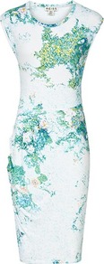 Gilda Pointelle Print Day Dress - style: shift; neckline: round neck; sleeve style: capped; waist detail: fitted waist; predominant colour: white; secondary colour: teal; occasions: evening, occasion; length: on the knee; fit: body skimming; fibres: viscose/rayon - stretch; sleeve length: sleeveless; texture group: cotton feel fabrics; pattern type: fabric; pattern size: small & busy; pattern: patterned/print