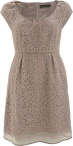 Women's Stone Embroidered Bell Dress, Stone - style: shift; length: mid thigh; neckline: round neck; sleeve style: capped; fit: empire; pattern: plain; predominant colour: stone; occasions: evening, occasion; fibres: cotton - mix; hip detail: sculpting darts/pleats/seams at hip; sleeve length: short sleeve; texture group: sheer fabrics/chiffon/organza etc.; pattern type: fabric
