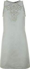 Women's Duck Egg Beaded 60s Shift Dress, Green - style: shift; neckline: round neck; pattern: plain; sleeve style: sleeveless; bust detail: added detail/embellishment at bust; predominant colour: pistachio; secondary colour: pistachio; length: just above the knee; fit: soft a-line; fibres: linen - mix; occasions: occasion; sleeve length: sleeveless; texture group: silky - light; pattern type: fabric; embellishment: jewels