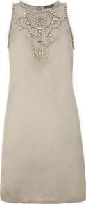 Women's Stone Beaded 60s Shift Dress, Stone - style: shift; neckline: round neck; pattern: plain; sleeve style: sleeveless; bust detail: added detail/embellishment at bust; predominant colour: pistachio; occasions: evening, occasion; length: just above the knee; fit: soft a-line; sleeve length: sleeveless; texture group: structured shiny - satin/tafetta/silk etc.; pattern type: fabric; embellishment: jewels; fibres: viscose/rayon - mix
