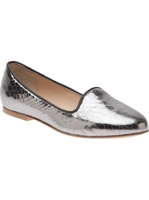 Metallic Snake Smoking Slipper - predominant colour: silver; occasions: casual, evening, holiday; material: leather; heel height: flat; toe: round toe; style: loafers; trends: metallics; finish: metallic; pattern: plain
