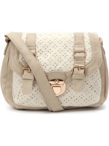 Cream Crochet Across Body Bag - predominant colour: ivory; secondary colour: stone; occasions: casual; type of pattern: standard; style: satchel; length: across body/long; size: small; material: faux leather; finish: plain; pattern: colourblock
