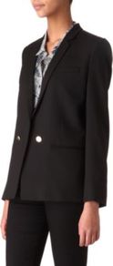 Wool Blazer - pattern: plain; style: double breasted blazer; length: below the bottom; collar: standard lapel/rever collar; predominant colour: black; occasions: evening, work, occasion; fit: tailored/fitted; fibres: wool - stretch; back detail: back vent/flap at back; sleeve length: long sleeve; sleeve style: standard; texture group: crepes; collar break: low/open; pattern type: fabric