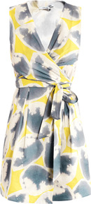 Carol Dress - style: faux wrap/wrap; length: mid thigh; neckline: v-neck; fit: fitted at waist; sleeve style: sleeveless; waist detail: belted waist/tie at waist/drawstring; bust detail: ruching/gathering/draping/layers/pintuck pleats at bust; secondary colour: yellow; predominant colour: mid grey; occasions: casual, occasion, holiday; fibres: cotton - stretch; hip detail: soft pleats at hip/draping at hip/flared at hip; sleeve length: sleeveless; trends: statement prints; pattern type: fabric; pattern size: big & busy; pattern: patterned/print; texture group: other - stretchy