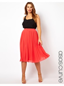 Curve Midi Skirt With Pleats - length: below the knee; pattern: plain; fit: loose/voluminous; style: pleated; waist: high rise; predominant colour: coral; occasions: casual, evening, work, occasion; fibres: polyester/polyamide - 100%; hip detail: soft pleats at hip/draping at hip/flared at hip; waist detail: narrow waistband; texture group: sheer fabrics/chiffon/organza etc.; trends: volume; pattern type: fabric