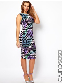 Curve Bodycon Dress In Aztec Print - neckline: round neck; fit: tight; sleeve style: sleeveless; style: bodycon; occasions: evening, occasion; length: on the knee; fibres: viscose/rayon - stretch; predominant colour: multicoloured; sleeve length: sleeveless; texture group: jersey - clingy; trends: statement prints, modern geometrics; pattern type: fabric; pattern size: big & busy; pattern: patterned/print