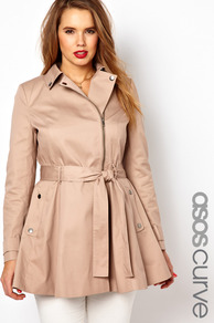 Curve Fit & Flare Biker Mac - pattern: plain; length: below the bottom; style: single breasted; hip detail: flared at hip; predominant colour: stone; occasions: casual, evening, work; fit: tailored/fitted; fibres: polyester/polyamide - mix; collar: shirt collar/peter pan/zip with opening; waist detail: belted waist/tie at waist/drawstring; sleeve length: long sleeve; sleeve style: standard; collar break: high/illusion of break when open; pattern type: fabric; pattern size: standard; texture group: other - light to midweight