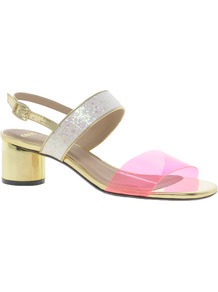 Hipster Heeled Sandals - predominant colour: hot pink; occasions: casual, evening; material: faux leather; heel height: mid; embellishment: glitter; heel: block; toe: open toe/peeptoe; style: standard; trends: fluorescent, metallics; finish: metallic; pattern: colourblock
