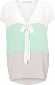 Attella Top - length: below the bottom; neckline: pussy bow; style: blouse; predominant colour: pistachio; secondary colour: light grey; occasions: casual, evening, work, holiday; fibres: silk - 100%; fit: loose; sleeve length: short sleeve; sleeve style: standard; texture group: silky - light; trends: volume; pattern type: fabric; pattern size: big & light; pattern: colourblock