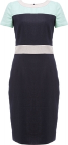 Kalyn Dress - style: shift; neckline: low v-neck; fit: tailored/fitted; predominant colour: navy; secondary colour: mint green; occasions: casual, evening, work; length: just above the knee; fibres: linen - 100%; sleeve length: short sleeve; sleeve style: standard; texture group: linen; pattern type: fabric; pattern: colourblock