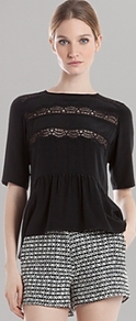 Top Eloge - pattern: plain; neckline: high neck; waist detail: peplum waist detail; predominant colour: black; occasions: evening, work; length: standard; style: top; fibres: silk - mix; fit: body skimming; bust detail: contrast pattern/fabric/detail at bust; sleeve length: half sleeve; sleeve style: standard; texture group: silky - light; pattern type: fabric; embellishment: lace