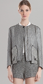 Jacket Voyage - collar: round collar/collarless; style: boxy; pattern: herringbone/tweed; secondary colour: light grey; predominant colour: black; occasions: casual, evening, occasion; length: standard; fit: straight cut (boxy); fibres: cotton - mix; shoulder detail: discreet epaulette; sleeve length: long sleeve; sleeve style: standard; collar break: high; pattern type: fabric; pattern size: standard; texture group: tweed - light/midweight