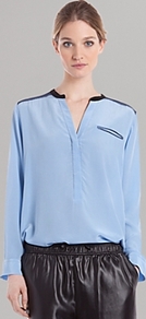 Top Eldorado Bis - neckline: v-neck; pattern: plain; bust detail: pocket detail at bust; style: blouse; predominant colour: pale blue; secondary colour: black; occasions: casual, evening; length: standard; fibres: silk - 100%; fit: straight cut; sleeve length: long sleeve; sleeve style: standard; texture group: silky - light; pattern type: fabric