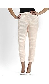 Pastel Jacquard Trousers - waist: mid/regular rise; predominant colour: blush; occasions: casual, evening; length: calf length; fibres: cotton - mix; fit: slim leg; pattern type: fabric; pattern size: standard; pattern: patterned/print; texture group: other - light to midweight; style: standard