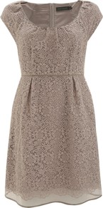 Embroidered Bell Dress, Stone - style: shift; length: mid thigh; sleeve style: capped; fit: fitted at waist; pattern: plain; waist detail: twist front waist detail/nipped in at waist on one side/soft pleats/draping/ruching/gathering waist detail; predominant colour: taupe; occasions: casual, occasion; neckline: scoop; fibres: cotton - mix; sleeve length: short sleeve; texture group: lace; bust detail: tiers/frills/bulky drapes/pleats; pattern type: fabric
