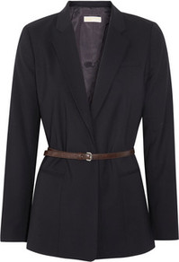 Stretch Wool Blazer - pattern: plain; style: single breasted blazer; length: below the bottom; collar: standard lapel/rever collar; predominant colour: black; occasions: evening, work; fit: straight cut (boxy); fibres: wool - stretch; waist detail: belted waist/tie at waist/drawstring; sleeve length: long sleeve; sleeve style: standard; collar break: low/open; pattern type: fabric; texture group: woven light midweight