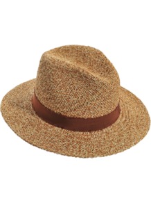 Large Hat - secondary colour: chocolate brown; predominant colour: camel; occasions: casual, holiday; type of pattern: standard; style: panama; size: standard; material: macrame/raffia/straw; embellishment: ribbon; pattern: plain