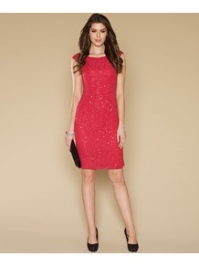 Marlene Sequin Dress - style: shift; sleeve style: capped; fit: tight; pattern: plain; predominant colour: coral; occasions: evening, occasion; length: just above the knee; fibres: polyester/polyamide - 100%; neckline: crew; sleeve length: short sleeve; texture group: sheer fabrics/chiffon/organza etc.; pattern type: fabric; pattern size: standard; embellishment: sequins