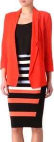 Block Swoop Blazer - pattern: plain; style: single breasted blazer; length: below the bottom; collar: standard lapel/rever collar; predominant colour: true red; occasions: evening, work, occasion; fit: straight cut (boxy); fibres: viscose/rayon - 100%; sleeve length: long sleeve; sleeve style: standard; texture group: crepes; collar break: low/open; pattern type: fabric