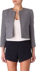 Bonser Checked Jacket - pattern: checked/gingham; collar: round collar/collarless; length: cropped; style: boxy; secondary colour: ivory; predominant colour: navy; occasions: evening, work, occasion; fit: straight cut (boxy); fibres: acrylic - mix; sleeve length: 3/4 length; sleeve style: standard; collar break: low/open; pattern type: fabric; pattern size: small & busy; texture group: woven bulky/heavy