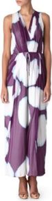 Hailey Dress - neckline: v-neck; fit: fitted at waist; sleeve style: sleeveless; style: maxi dress; length: ankle length; waist detail: belted waist/tie at waist/drawstring; bust detail: ruching/gathering/draping/layers/pintuck pleats at bust; secondary colour: white; predominant colour: purple; occasions: evening, occasion; fibres: silk - 100%; hip detail: soft pleats at hip/draping at hip/flared at hip; sleeve length: sleeveless; texture group: silky - light; pattern type: fabric; pattern size: big & light; pattern: patterned/print