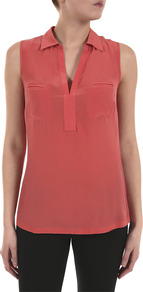 Crepe Front Sleeveless Jersey Shirt - neckline: shirt collar/peter pan/zip with opening; pattern: plain; sleeve style: sleeveless; length: below the bottom; style: shirt; bust detail: pocket detail at bust; predominant colour: coral; occasions: casual, evening, work, holiday; fibres: silk - mix; fit: body skimming; hip detail: dip hem; shoulder detail: flat/draping pleats/ruching/gathering at shoulder; back detail: longer hem at back than at front; sleeve length: sleeveless; pattern type: fabric; texture group: jersey - stretchy/drapey