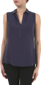Crepe Front Sleeveless Jersey Shirt - neckline: shirt collar/peter pan/zip with opening; pattern: plain; sleeve style: sleeveless; style: shirt; bust detail: pocket detail at bust; predominant colour: purple; occasions: casual, evening, work, holiday; length: standard; fibres: silk - 100%; fit: body skimming; shoulder detail: flat/draping pleats/ruching/gathering at shoulder; sleeve length: sleeveless; texture group: silky - light; pattern type: fabric
