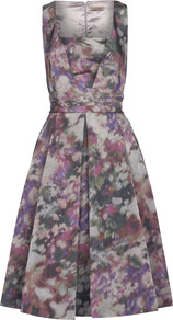 Taffeta Prom Dress - sleeve style: standard vest straps/shoulder straps; fit: fitted at waist; style: prom dress; bust detail: ruching/gathering/draping/layers/pintuck pleats at bust; occasions: evening, occasion, holiday; length: on the knee; fibres: polyester/polyamide - 100%; hip detail: structured pleats at hip; predominant colour: multicoloured; sleeve length: sleeveless; texture group: structured shiny - satin/tafetta/silk etc.; trends: statement prints, volume; neckline: low square neck; pattern type: fabric; pattern size: big & busy; pattern: patterned/print