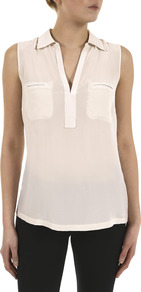 Crepe Front Sleeveless Jersey Shirt - neckline: shirt collar/peter pan/zip with opening; pattern: plain; sleeve style: sleeveless; style: shirt; bust detail: pocket detail at bust; back detail: contrast pattern/fabric at back; predominant colour: blush; occasions: casual, evening, work, holiday; length: standard; fibres: silk - 100%; fit: straight cut; hip detail: dip hem; shoulder detail: flat/draping pleats/ruching/gathering at shoulder; sleeve length: sleeveless; texture group: crepes; pattern type: fabric