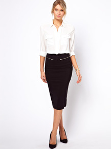 High Waisted Pencil Skirt With Zip Detail - length: below the knee; pattern: plain; style: pencil; fit: tight; waist detail: embellishment at waist/feature waistband; waist: high rise; hip detail: fitted at hip; predominant colour: black; occasions: evening, work; fibres: viscose/rayon - stretch; texture group: jersey - clingy; pattern type: fabric