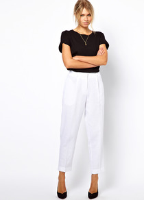 Peg Trousers In Linen - pattern: plain; pocket detail: large back pockets, pockets at the sides; style: peg leg; waist: high rise; predominant colour: white; occasions: casual, evening, work, holiday; length: ankle length; fibres: linen - mix; jeans & bottoms detail: turn ups; texture group: linen; fit: tapered; pattern type: fabric