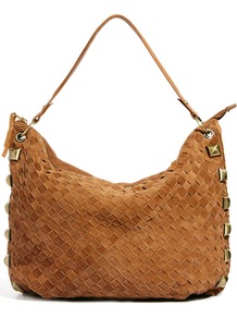 Weave Slouch Tote With Studs - predominant colour: tan; occasions: casual, evening, work; type of pattern: standard; style: shoulder; length: shoulder (tucks under arm); size: oversized; material: suede; embellishment: studs; pattern: plain; finish: plain