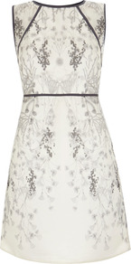 Anisa Print Organza Dress - style: shift; length: mid thigh; neckline: round neck; sleeve style: sleeveless; waist detail: fitted waist; shoulder detail: contrast pattern/fabric at shoulder; predominant colour: ivory; secondary colour: black; occasions: evening, occasion; fit: soft a-line; fibres: silk - 100%; back detail: keyhole/peephole detail at back; sleeve length: sleeveless; texture group: sheer fabrics/chiffon/organza etc.; trends: high impact florals; pattern type: fabric; pattern size: big & busy; pattern: florals