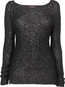 Women's Daria Sequin Jumper, Black - neckline: scoop neck; sleeve style: extended cuff; pattern: plain; style: standard; predominant colour: charcoal; occasions: casual, evening, work, holiday; length: standard; fibres: polyester/polyamide - mix; fit: standard fit; hip detail: contrast fabric/print detail at hip; sleeve length: extra long; texture group: knits/crochet; pattern type: knitted - other; embellishment: sequins