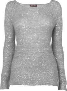 Women's Daria Sequin Jumper, Silver - neckline: scoop neck; sleeve style: extended cuff; pattern: plain; style: standard; predominant colour: silver; occasions: casual, evening, work, holiday; length: standard; fibres: polyester/polyamide - mix; fit: standard fit; hip detail: added detail/embellishment at hip; sleeve length: extra long; texture group: knits/crochet; trends: metallics; pattern type: knitted - other; embellishment: sequins