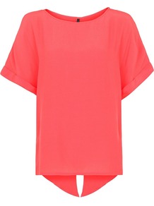 Split Back Blouse, Coral - neckline: round neck; pattern: plain; predominant colour: coral; occasions: casual, holiday; length: standard; style: top; fibres: viscose/rayon - 100%; fit: loose; back detail: longer hem at back than at front; sleeve length: short sleeve; sleeve style: standard; texture group: silky - light; trends: volume; pattern type: fabric