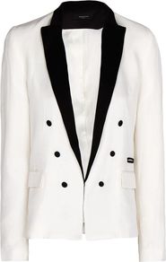 Satin Lapels Blazer, Off White - style: single breasted blazer; collar: standard lapel/rever collar; predominant colour: ivory; secondary colour: black; occasions: casual, evening, occasion; length: standard; fit: tailored/fitted; sleeve length: long sleeve; sleeve style: standard; collar break: low/open; pattern type: fabric; pattern size: standard; pattern: colourblock; texture group: woven light midweight; fibres: viscose/rayon - mix
