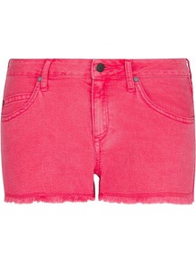 Frayed Hems Shorts, Geranium - pattern: plain; style: shorts; waist: low rise; pocket detail: traditional 5 pocket; length: short shorts; occasions: casual, holiday; fibres: cotton - mix; texture group: denim; fit: slim leg; pattern type: fabric; predominant colour: dusky pink