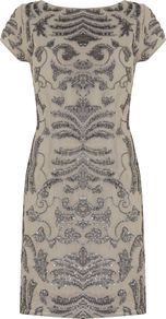 Women's Stone Cotton Beaded Shift Dress, Stone - style: shift; neckline: slash/boat neckline; sleeve style: capped; predominant colour: taupe; secondary colour: mid grey; occasions: evening, occasion; length: just above the knee; fit: body skimming; fibres: cotton - 100%; sleeve length: short sleeve; pattern size: big & light; pattern: patterned/print; texture group: other - light to midweight; embellishment: beading